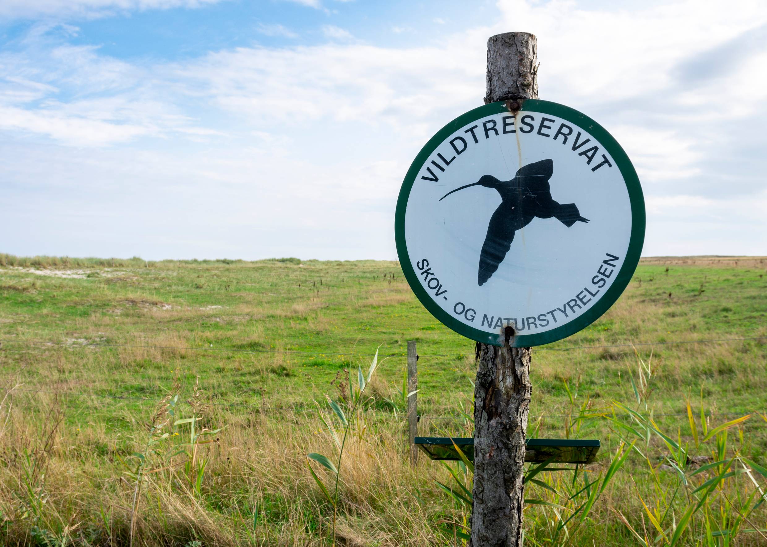 Hinweisschild auf ein Vogelschutzgebiet vor grüner Wiese