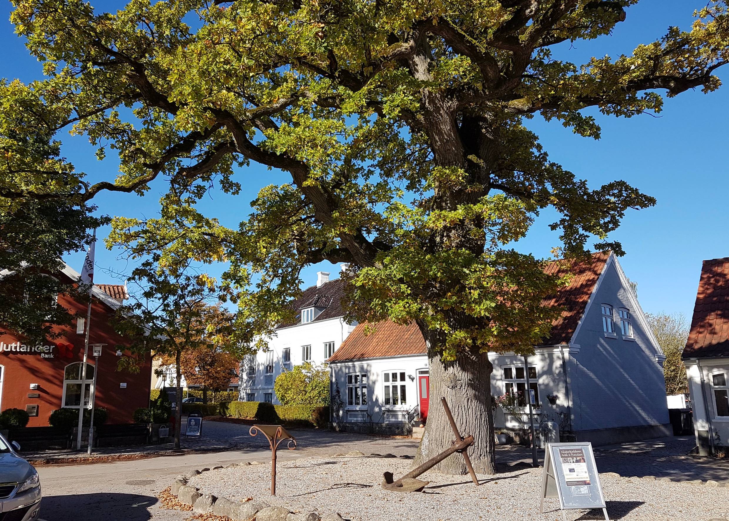 Kopfsteinpflasterplatz mit hohen Bäumen, dahineter kleine Häuser