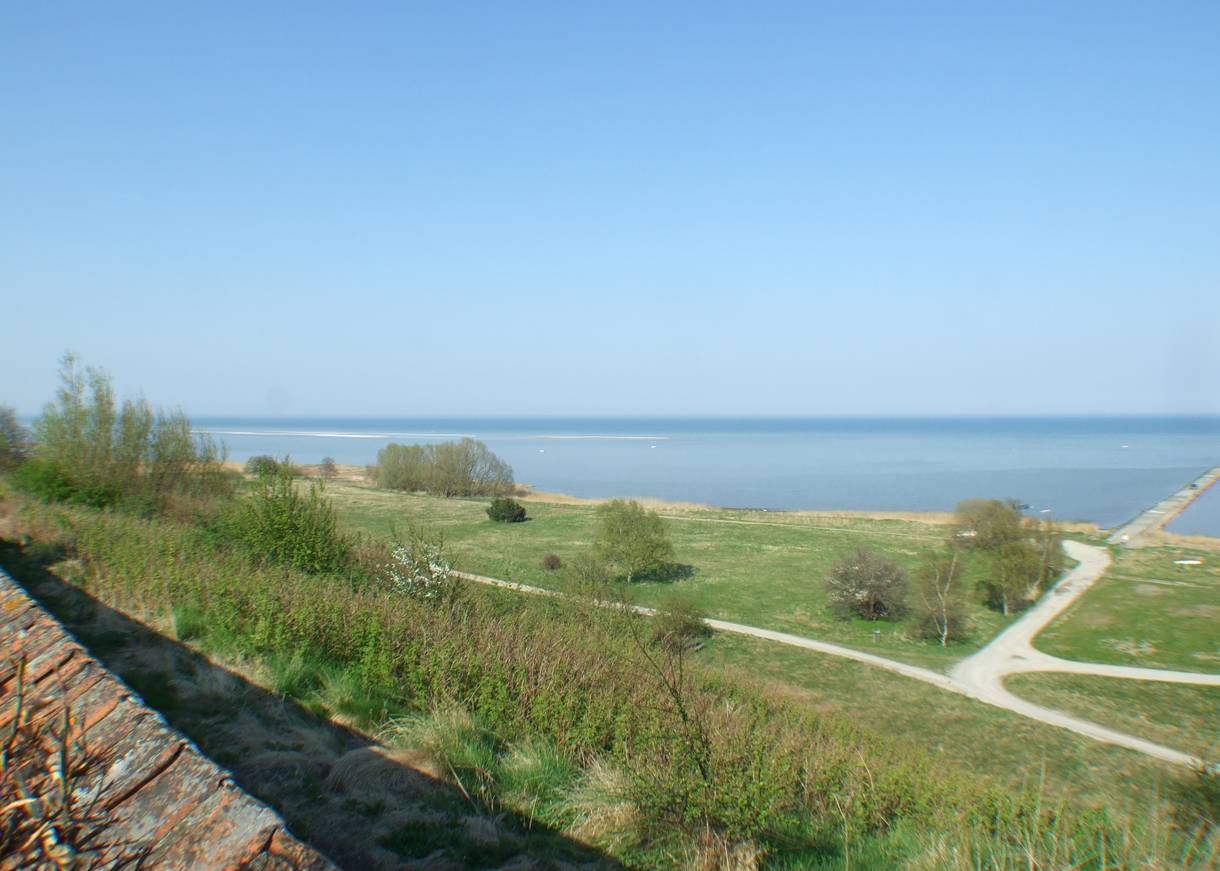 Blick von einer Mauer auf eine flache grüne Küste mit einem langen Damm in die Ostsee