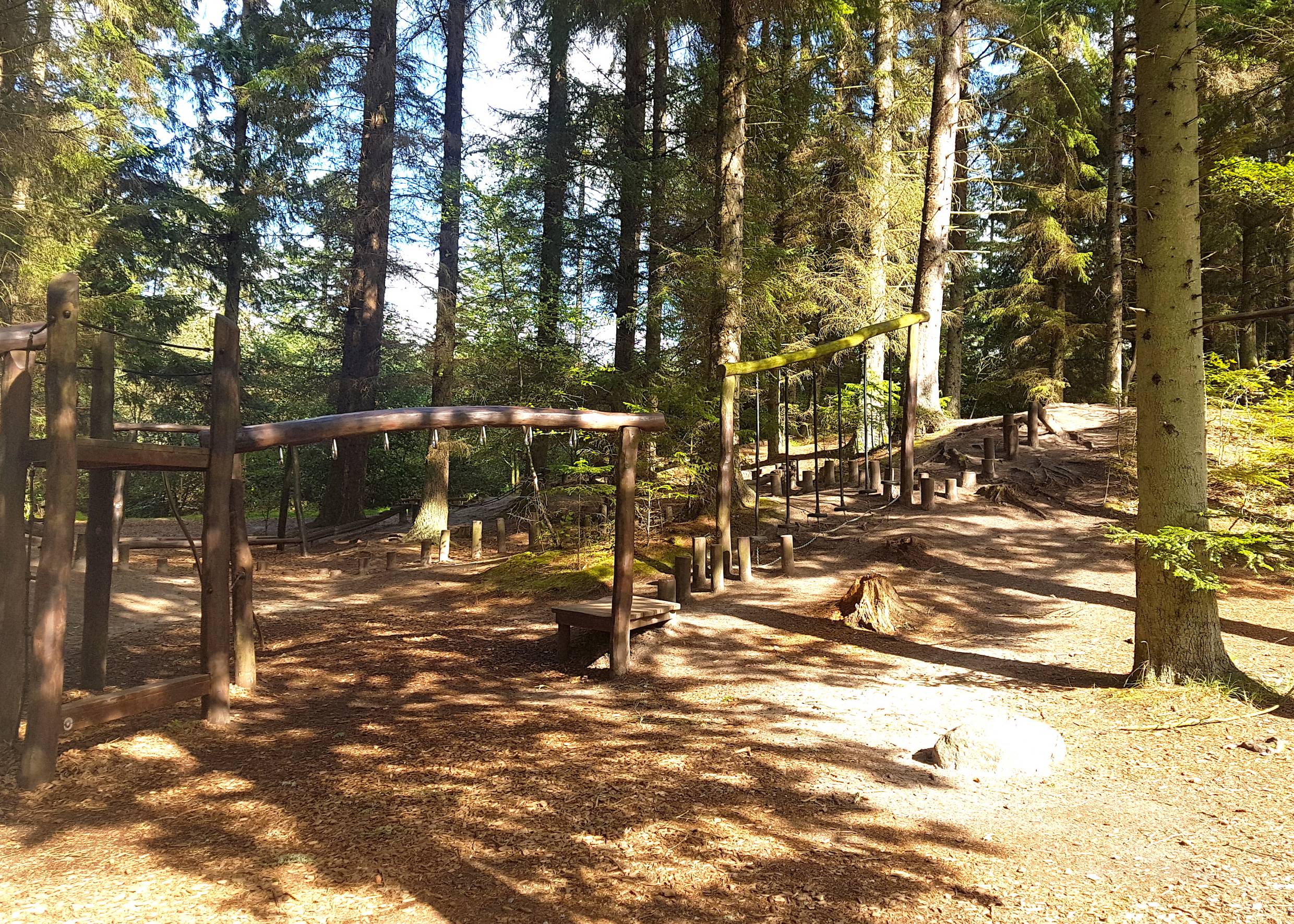 Hölzerne Kletterbahn und Bäumen