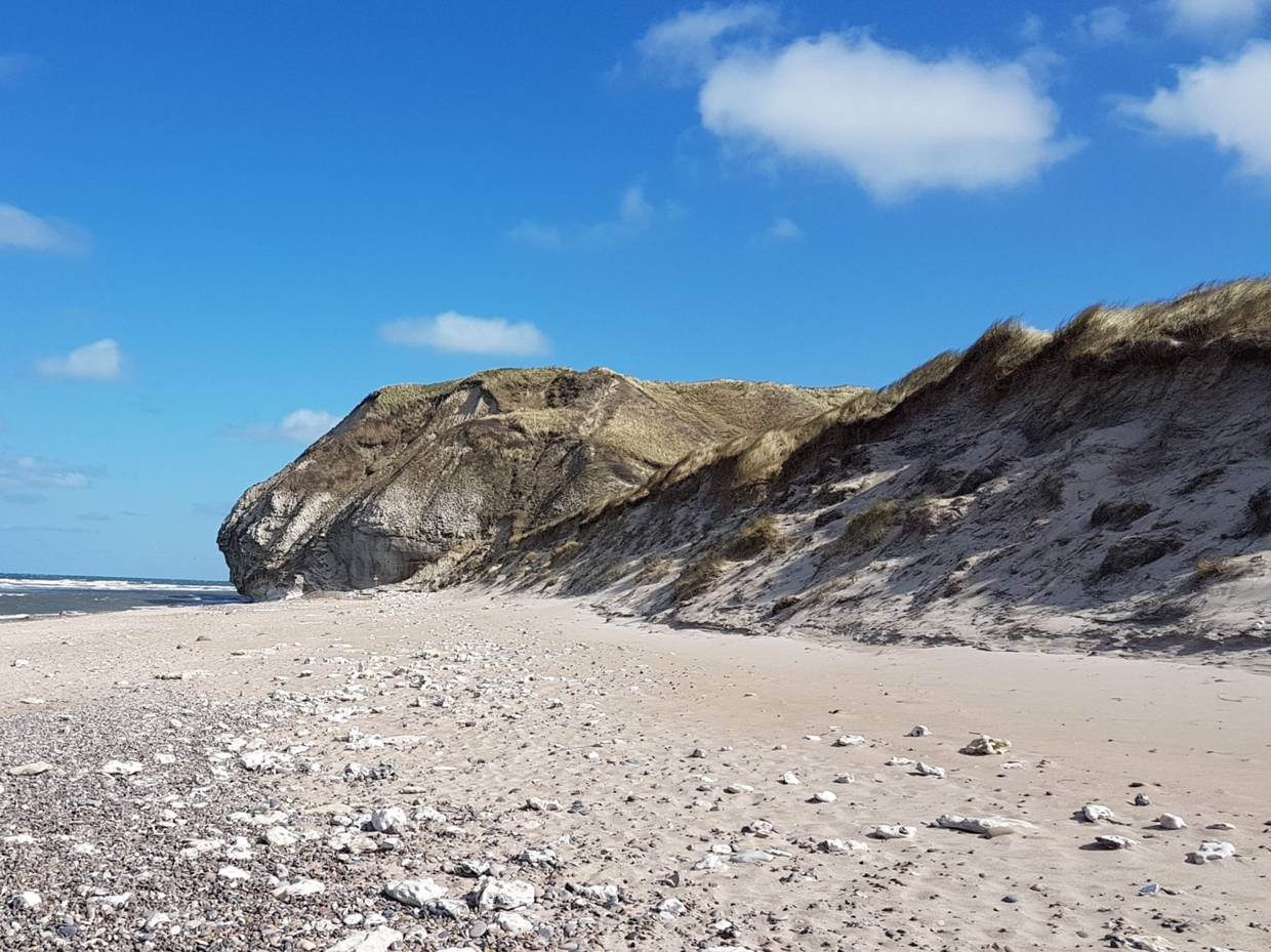 Kalkfelsen, der über einem steinigen Strand aufragt