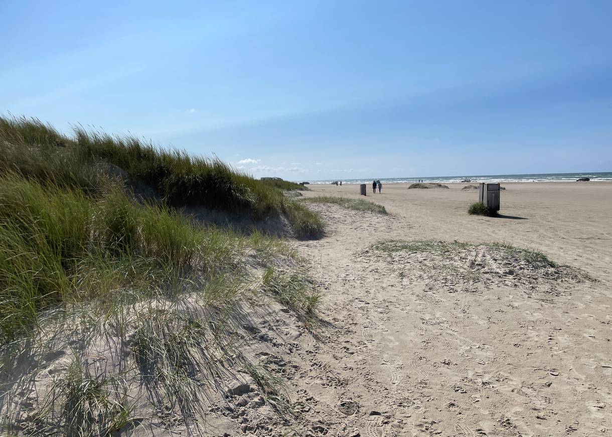 Sehr breiter, flacher Strand mit Autos in der Ferne