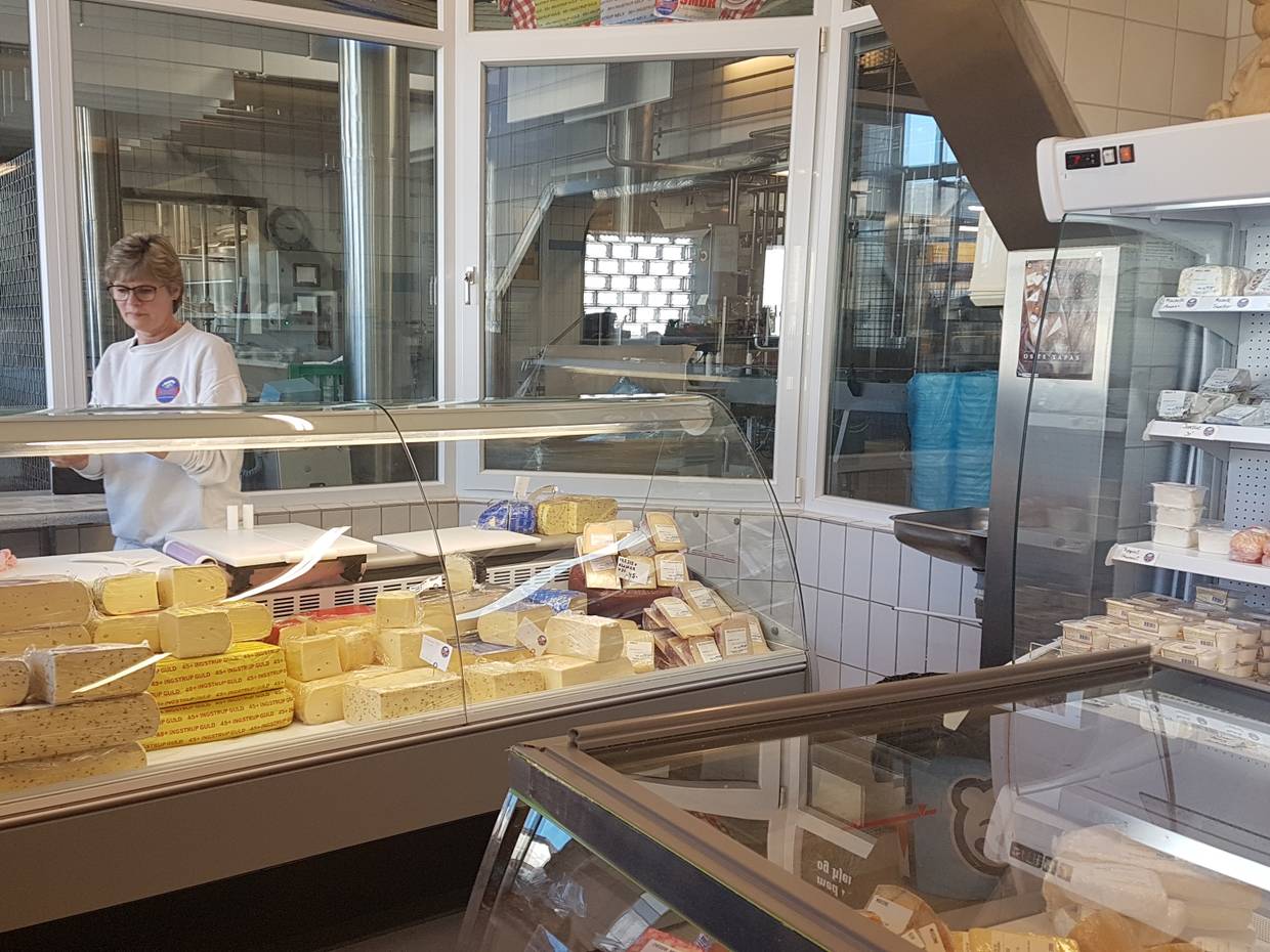 Tresen einer Käserei, dahinter Glasfenster mit Aussicht auf die Produktion