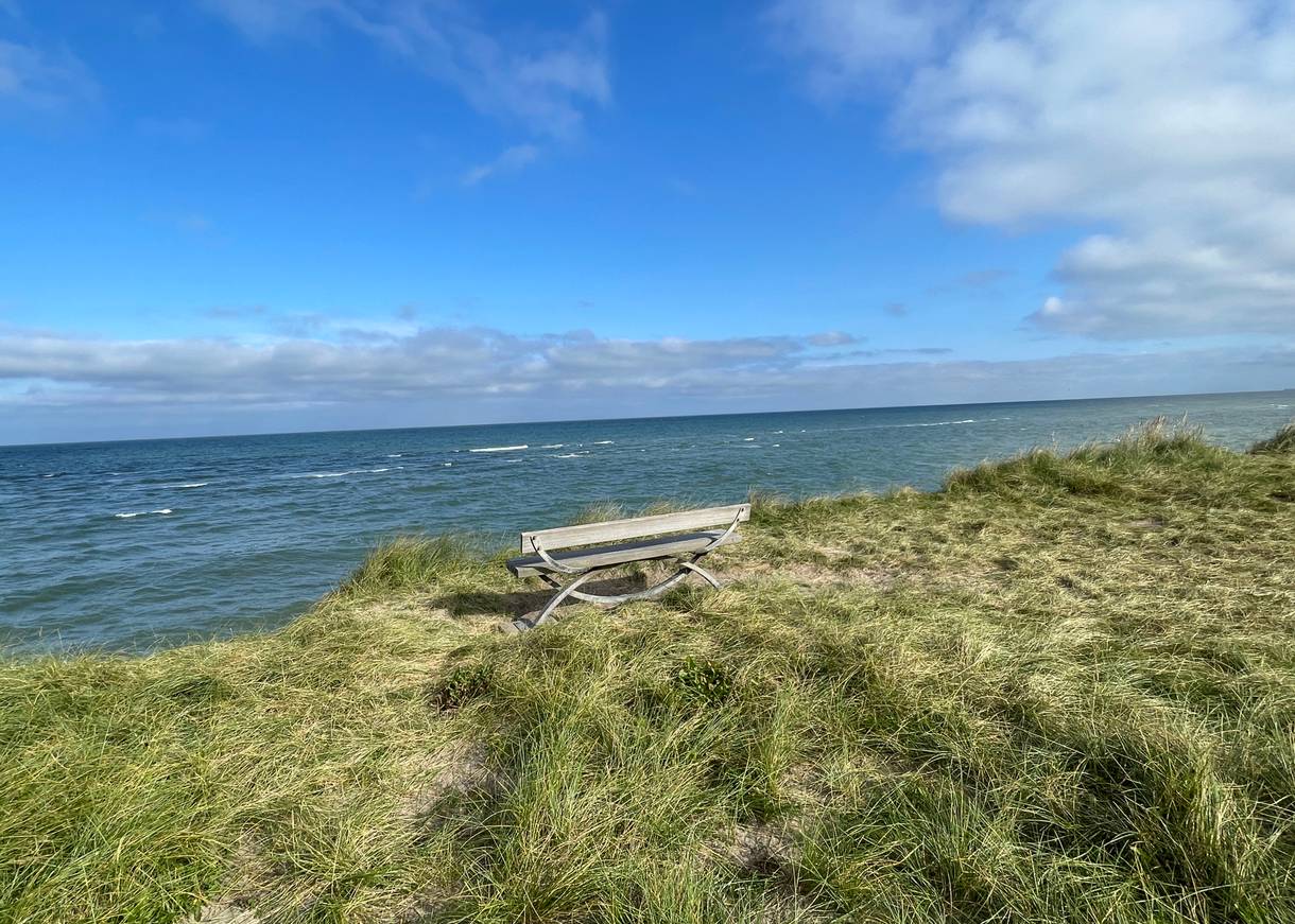 Holzbank am Rande einer Steilküste mit Meeresblick
