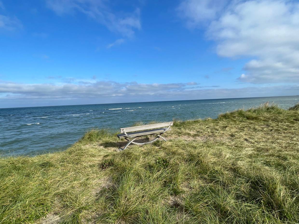 Holzbank am Rande einer Steilküste mit Meeresblick