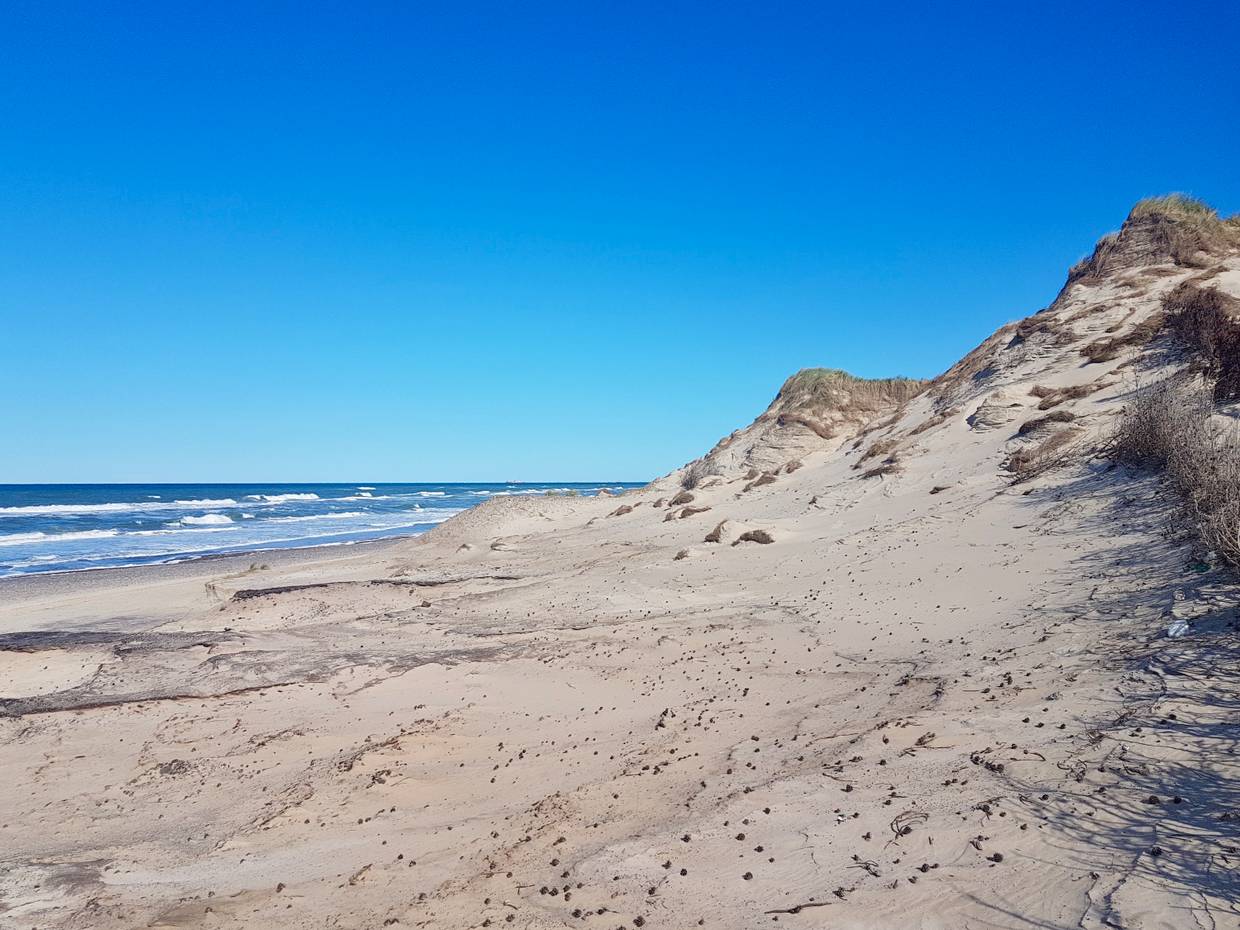 Von Wind und Wasser zerfurchte Dünen am Meer