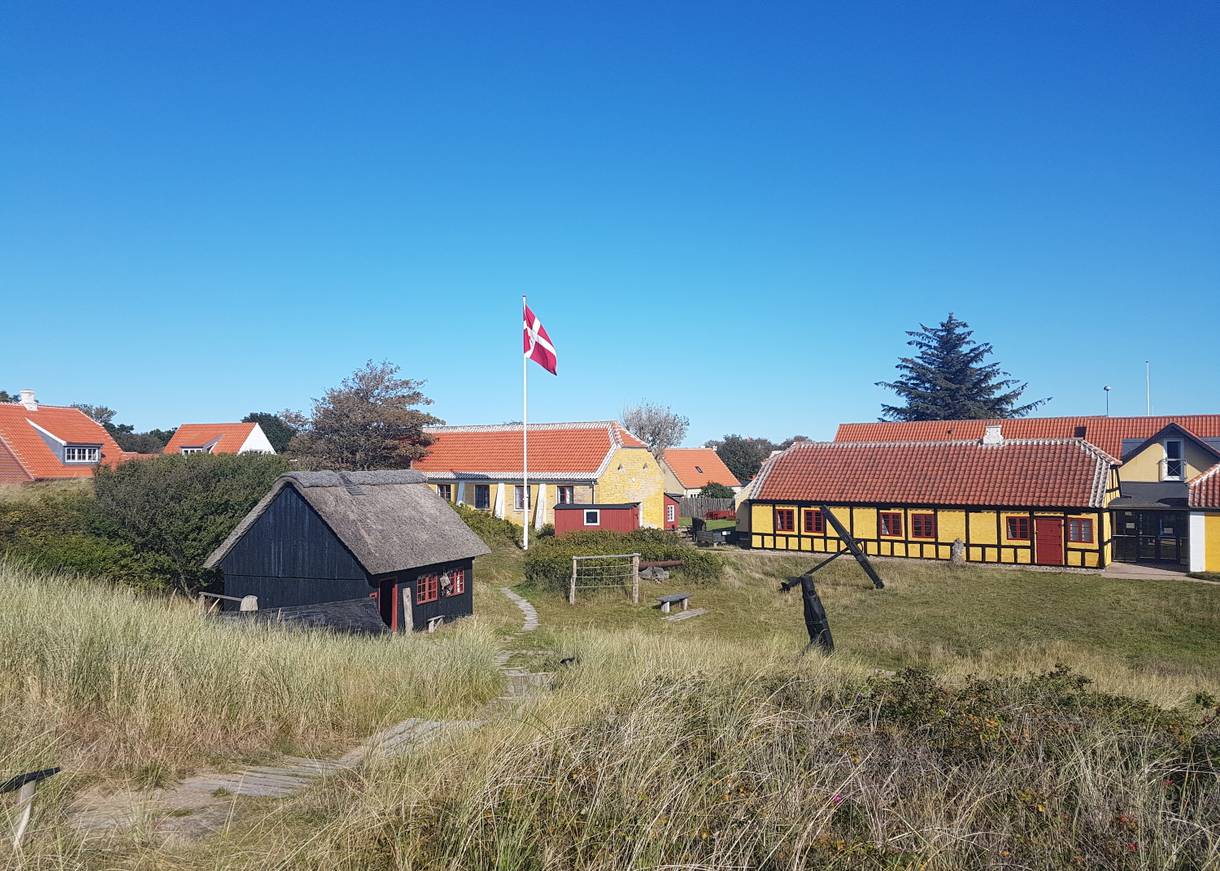 Blick über verschiedene alte Gebäude eines Freilichmuseums