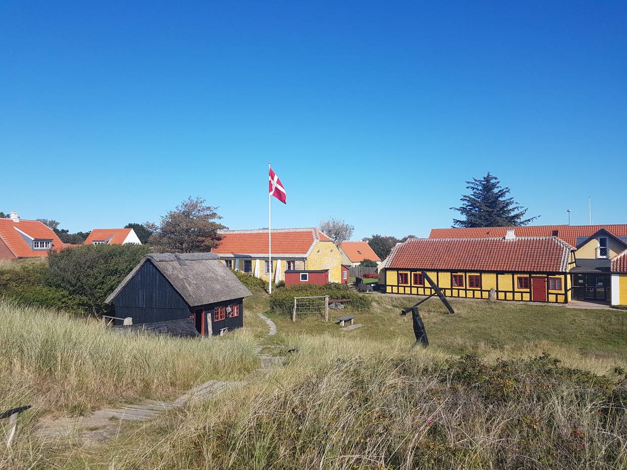 Blick über verschiedene alte Gebäude eines Freilichmuseums