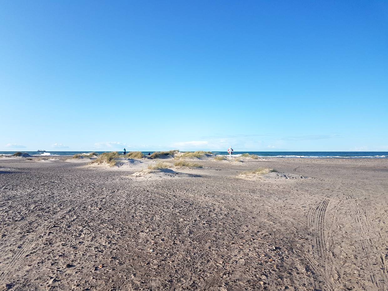 Blick auf einen steinigen Strand mit einem Rettungsring und kleinen Sandhügeln