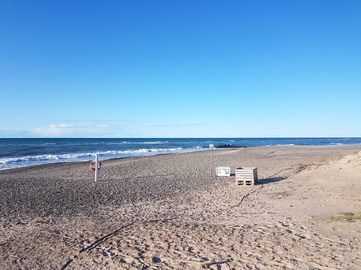 Steiniger Nordseestrand, in der Bildmitte eine Kiste für Strandgut