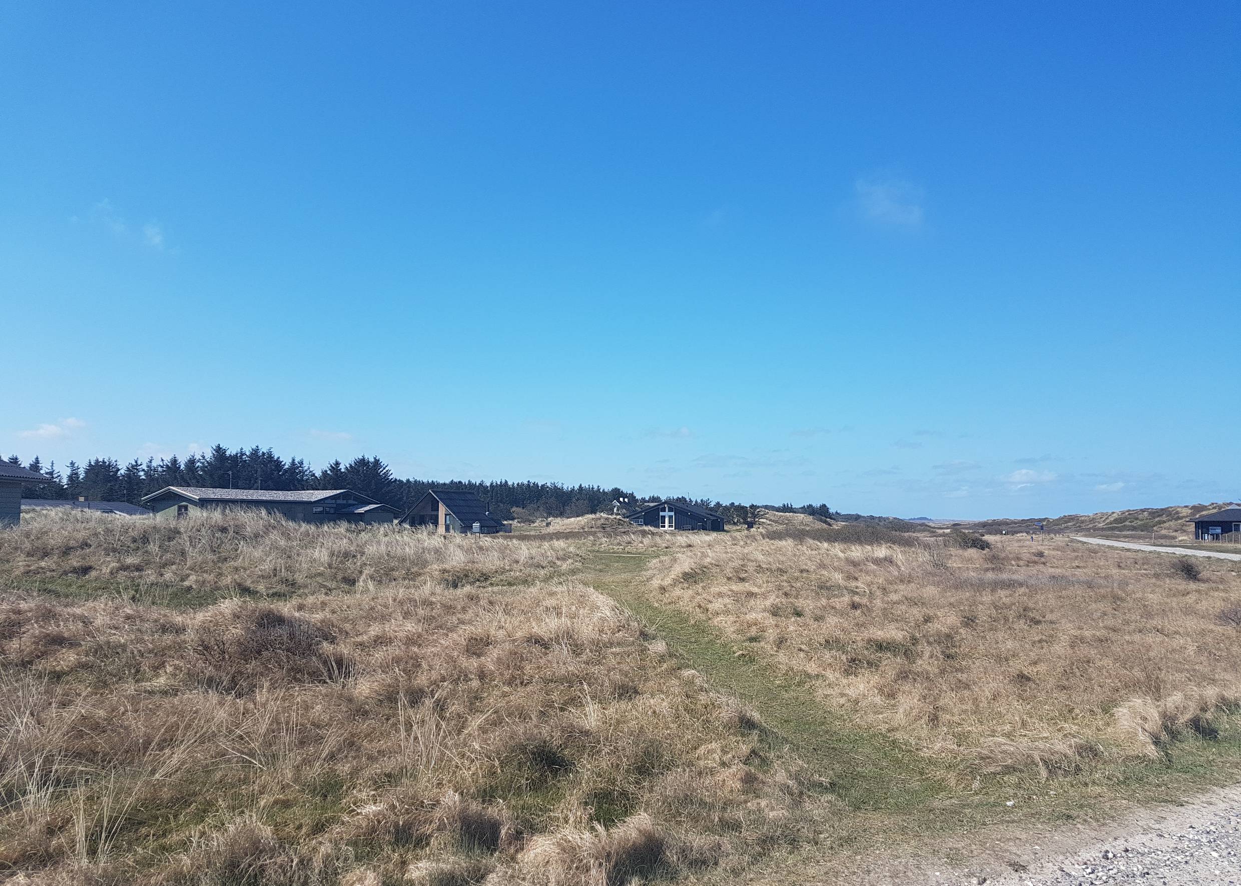 Ferienhäuser vor flachen Dünen