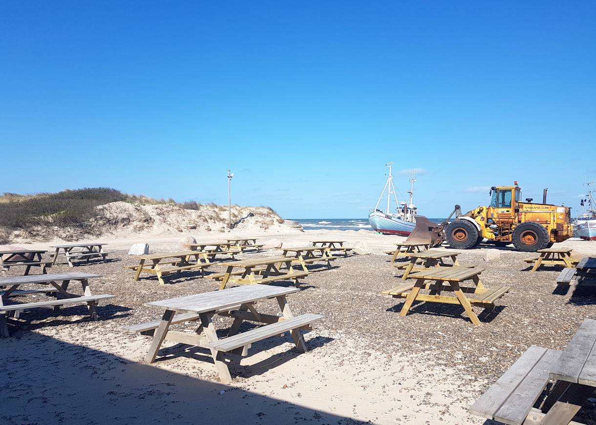 Viele Picknicktische auf dem Strand, dahinter ein Bagger