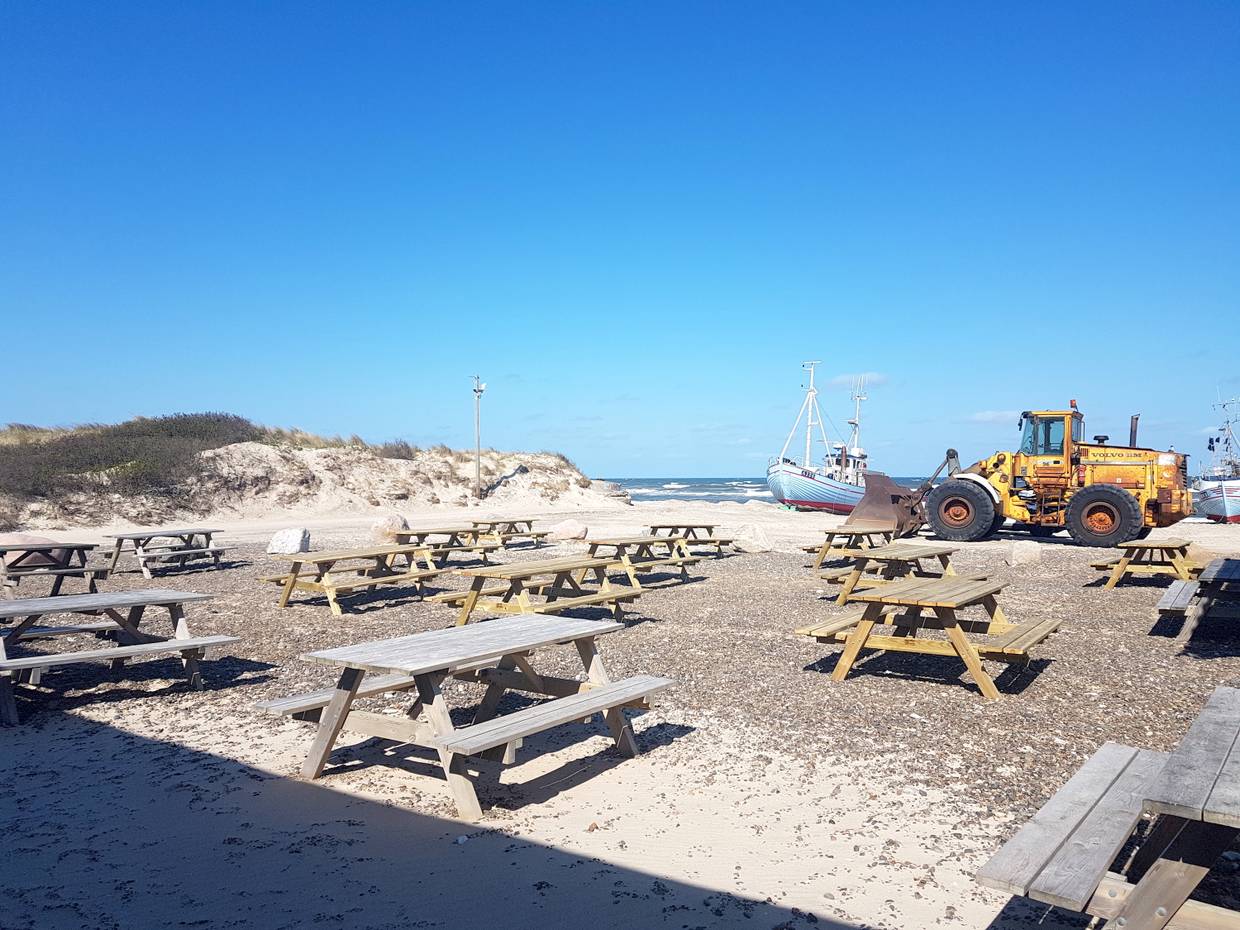Viele Picknicktische auf dem Strand, dahinter ein Bagger