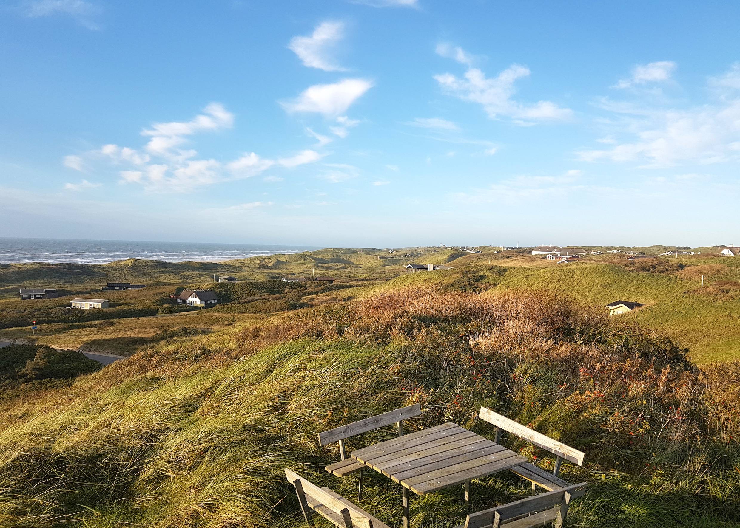 Picknickplatz auf einem Hügel mit Aussicht auf Dünen und Meer