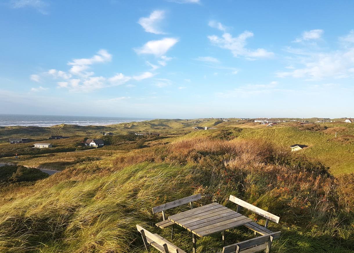 Picknickplatz auf einem Hügel mit Aussicht auf Dünen und Meer