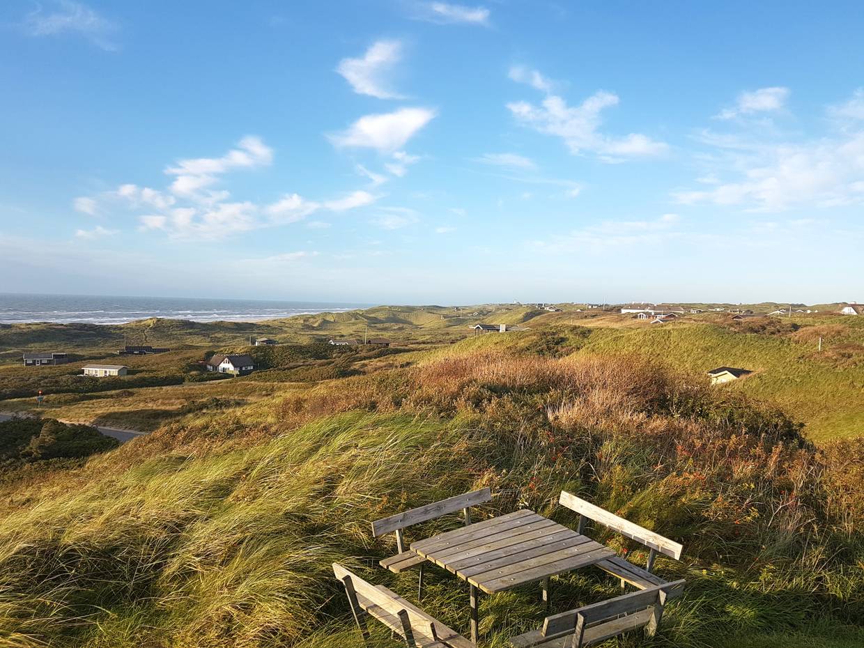 Picknickplatz auf einem Hügel mit Aussicht auf Dünen und Meer