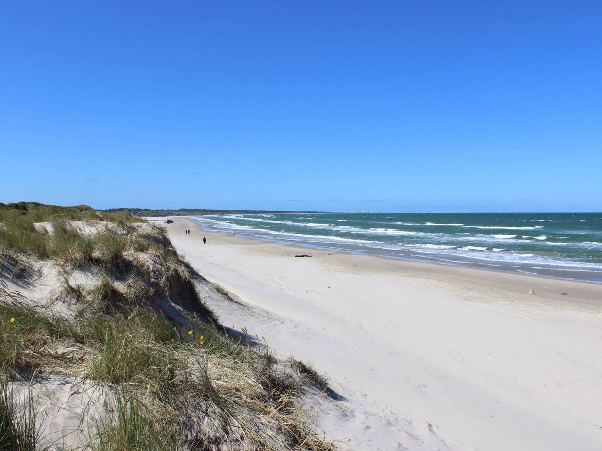 Blick von einer Sanddüne auf den breiten Sandstrand
