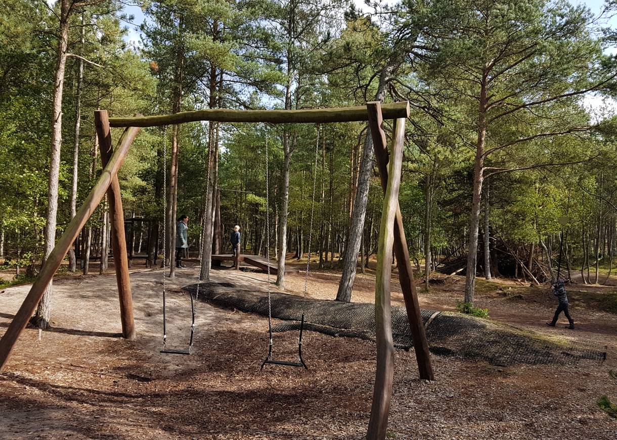 Schaukeln und Kletterbalken im Nadelwald bei Tversted