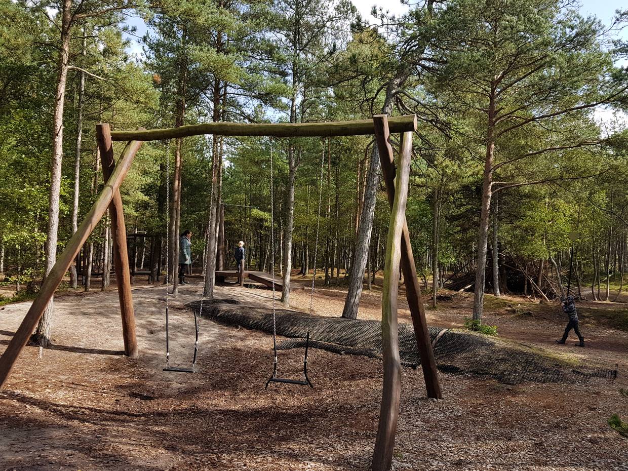 Schaukeln und Kletterbalken im Nadelwald bei Tversted
