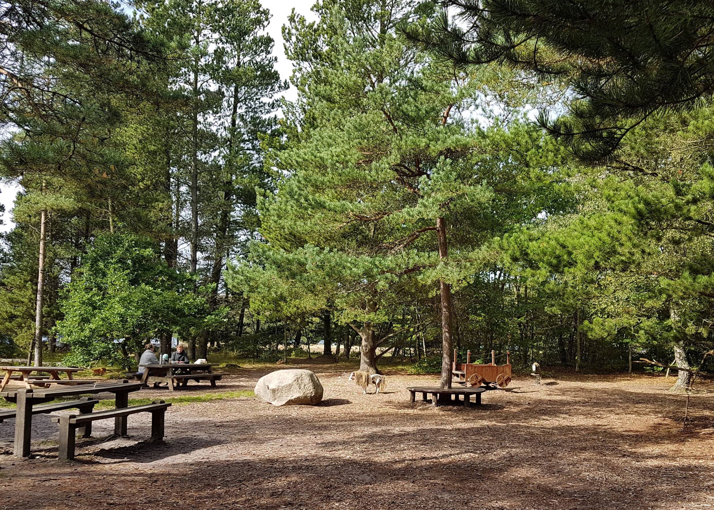 Picknickbänke auf einem Waldspielplatz in der Tversted Plantage