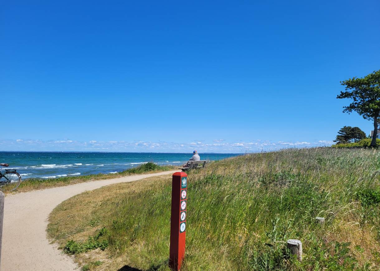 Strandweg mit einer Bank, ein Mann genießt die Aussicht