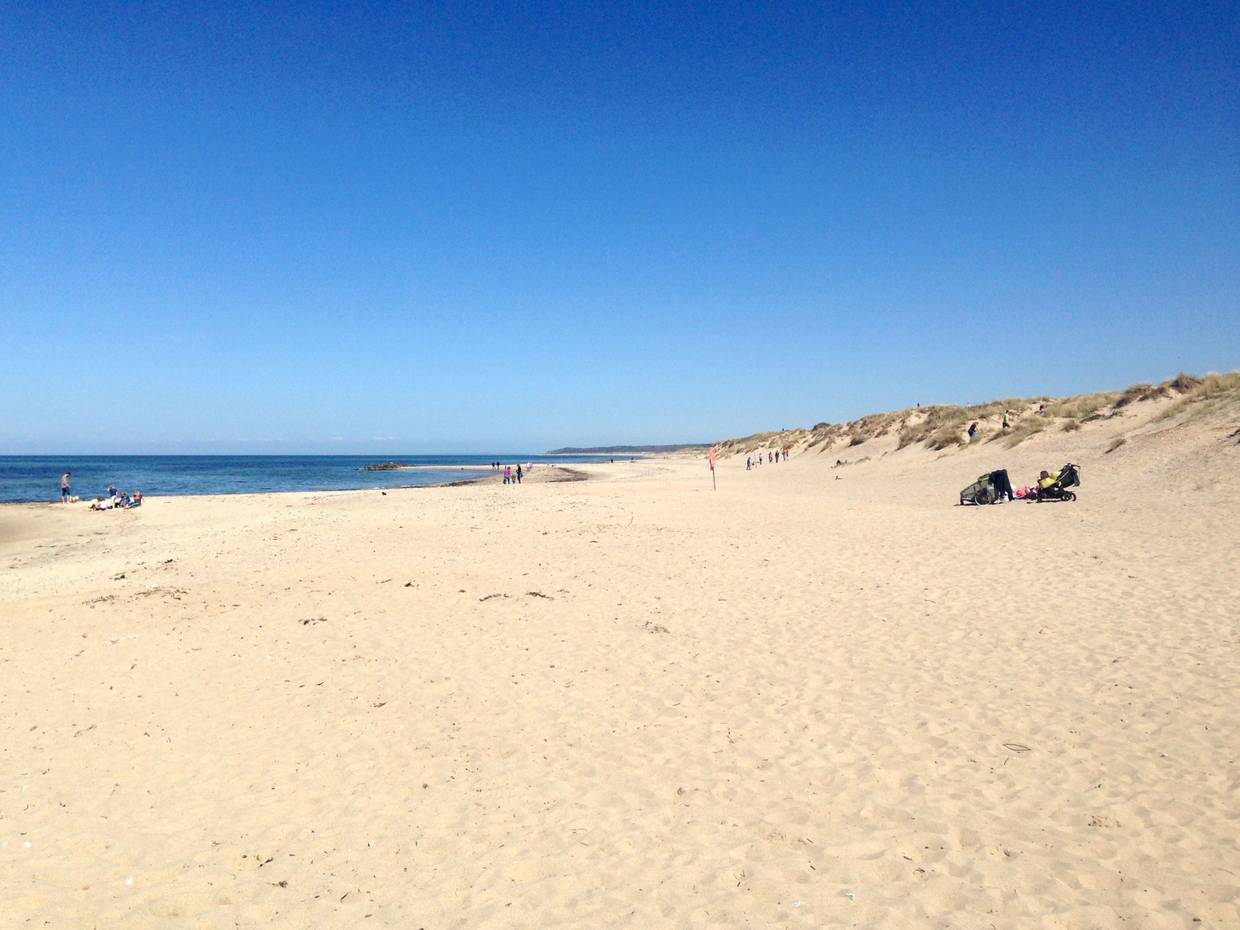 Blick auf einen breiten Sandstrand mit Badegästen