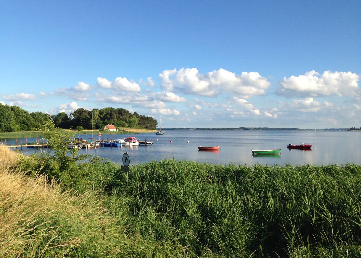 Bootssteg in einer grün umrandeten Bucht, im Wasser bunte Boote unter blauem Himmel