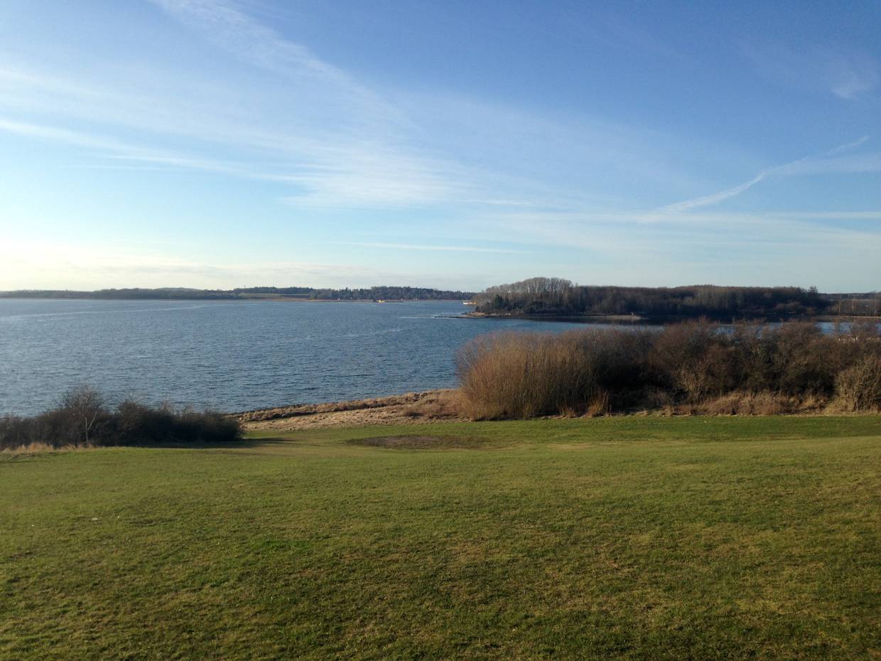 Blick von einem Hang auf den Roskildefjord im Frühjahr