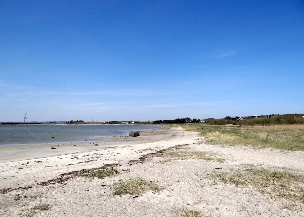 Flacher Strand. im Hintergrund ein paar Häuser im Grünen