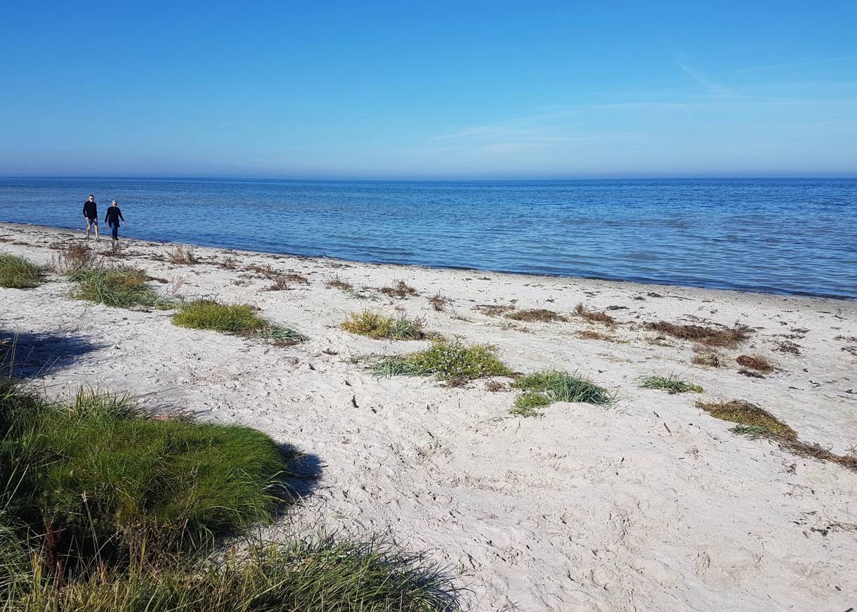 Schmaler Sandstrand mit Spaziergängern