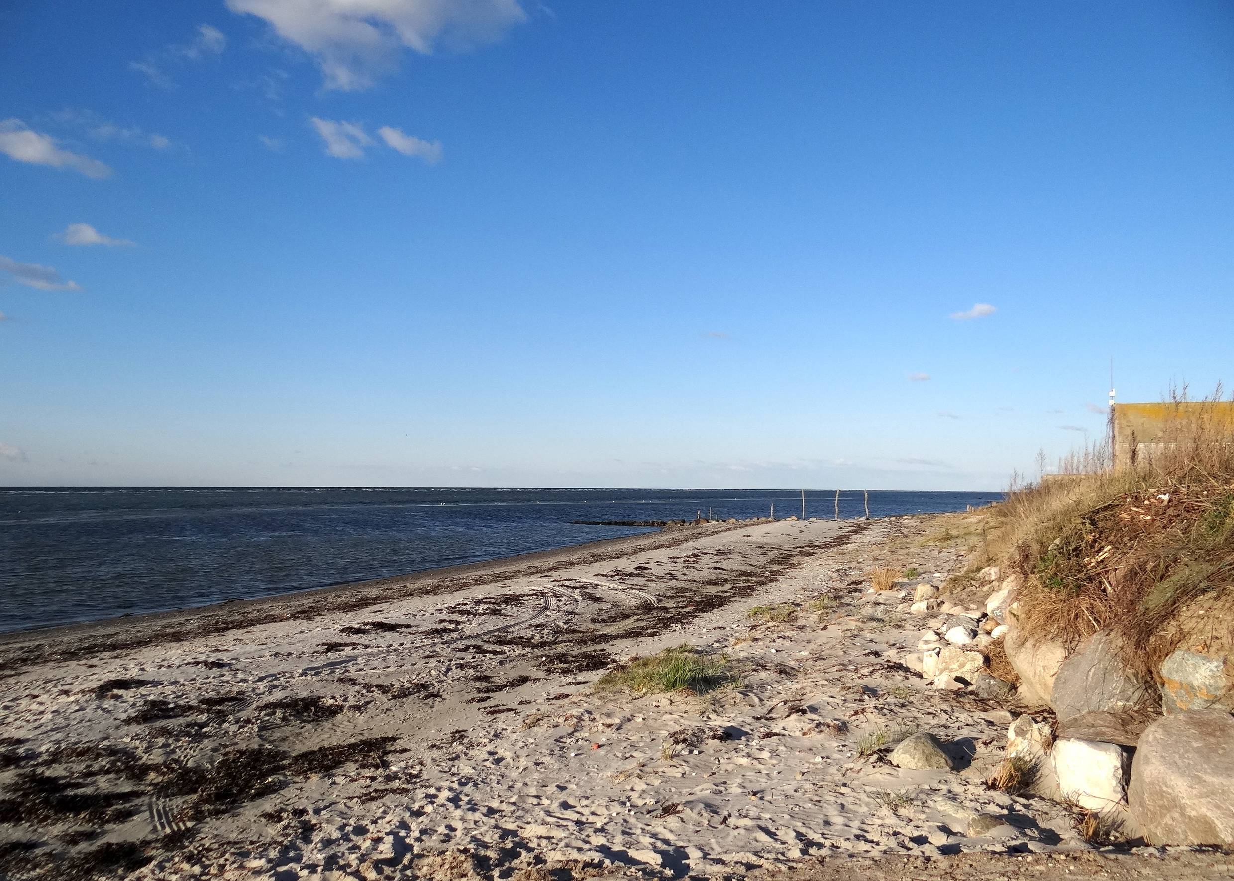Schmaler, seegrasbedeckter Strand, davor dicke Steine
