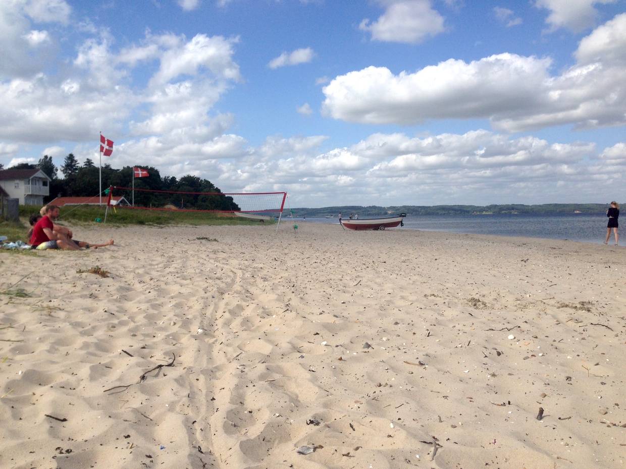 Weg durch Strandwiesen, dazwischen etwas Sand, im Hintergrund Ferienhäusern