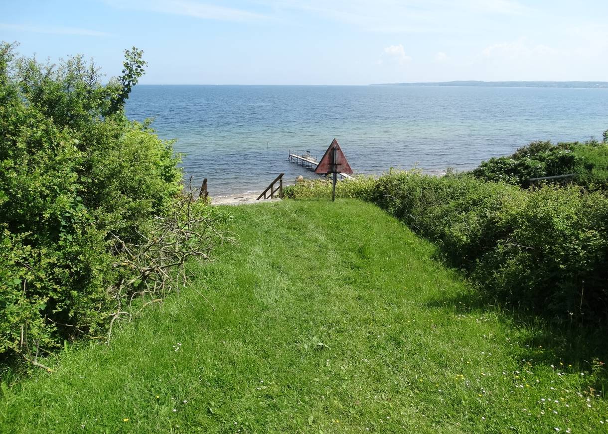 Grüner Pfad zwischen Büschen zu einer Treppe, die zum Wasser führt