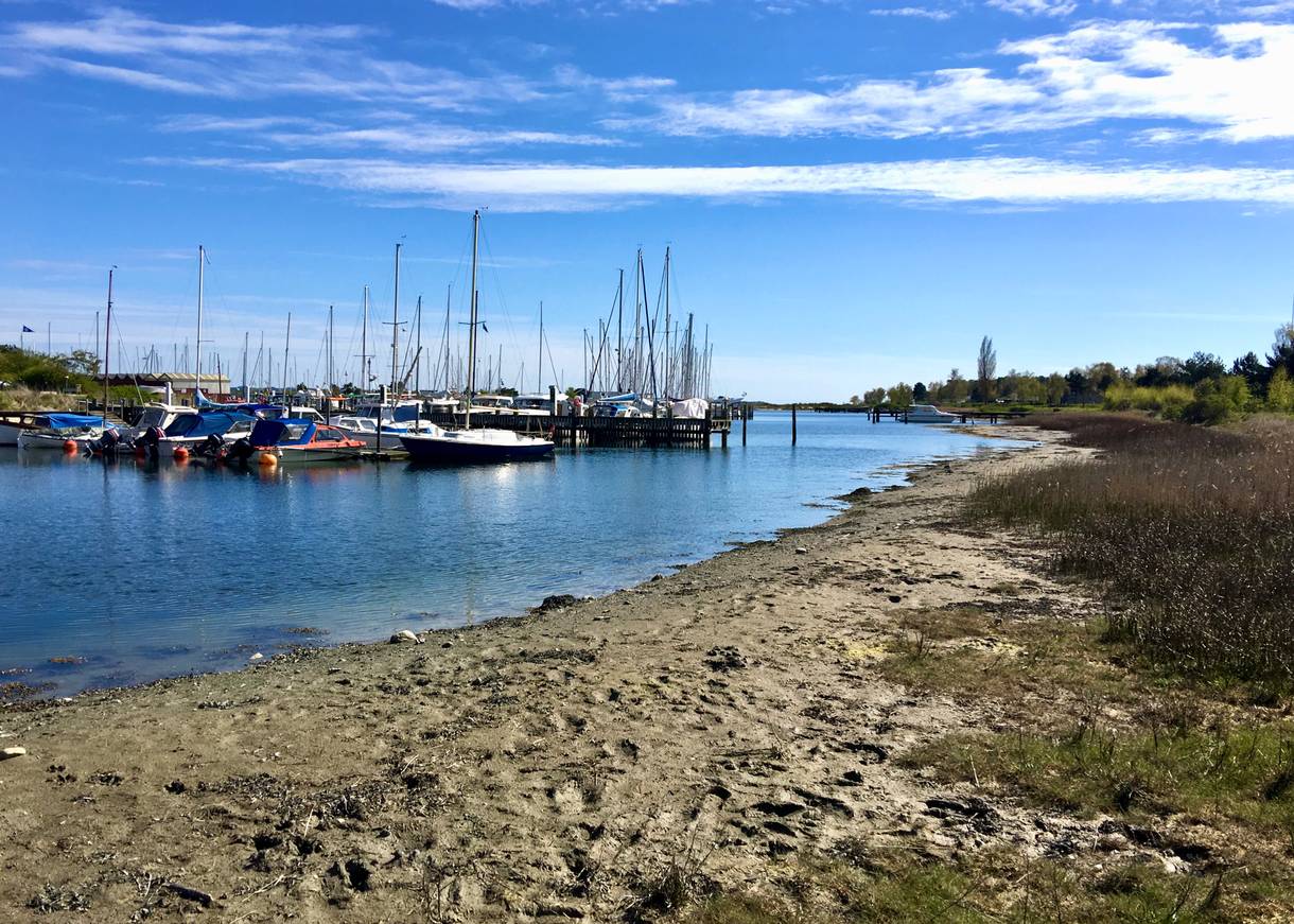 Jachthafen mit Segelschiffen, im Vordergrund etwas matschiger Sand