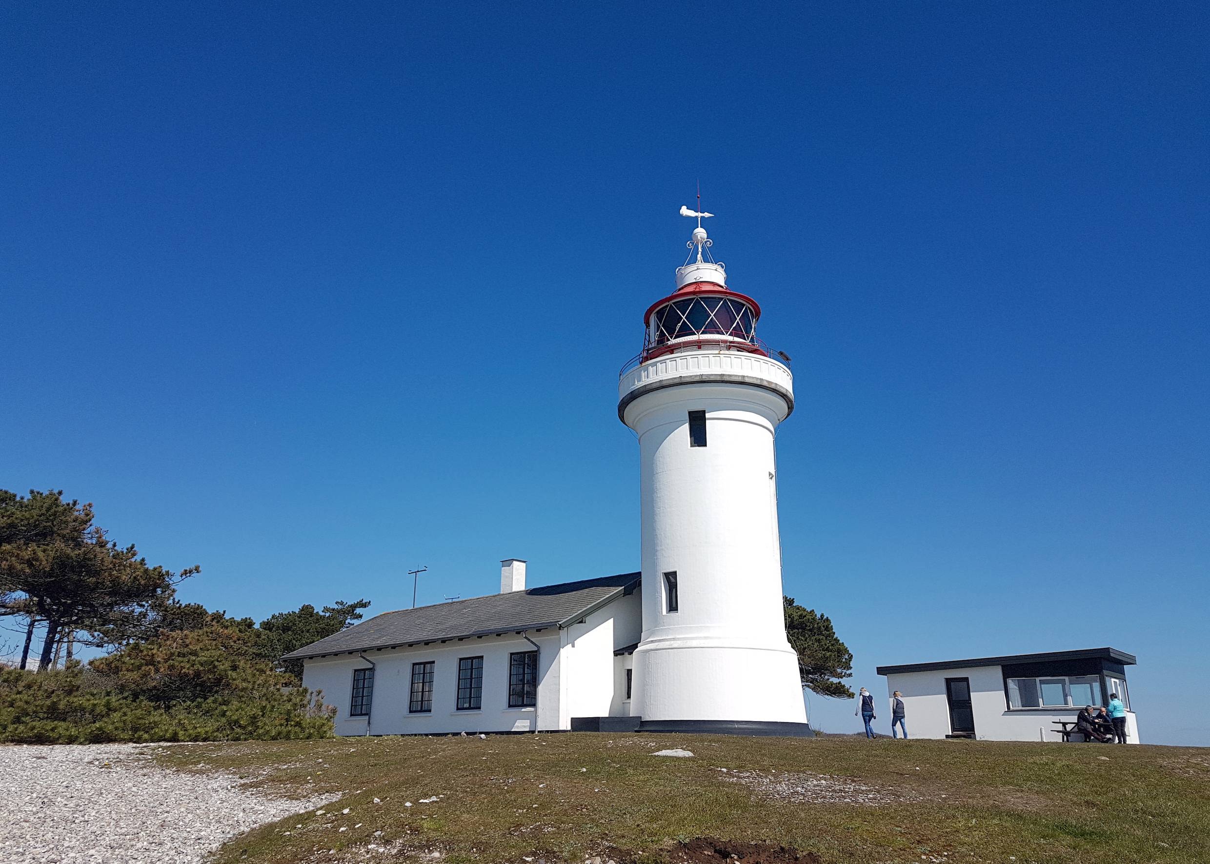 Kleiner weißer Leuchtturm mit Nebengebäude, davor Kies und Rasen, blauer Himmel über Sletterhage Fyr