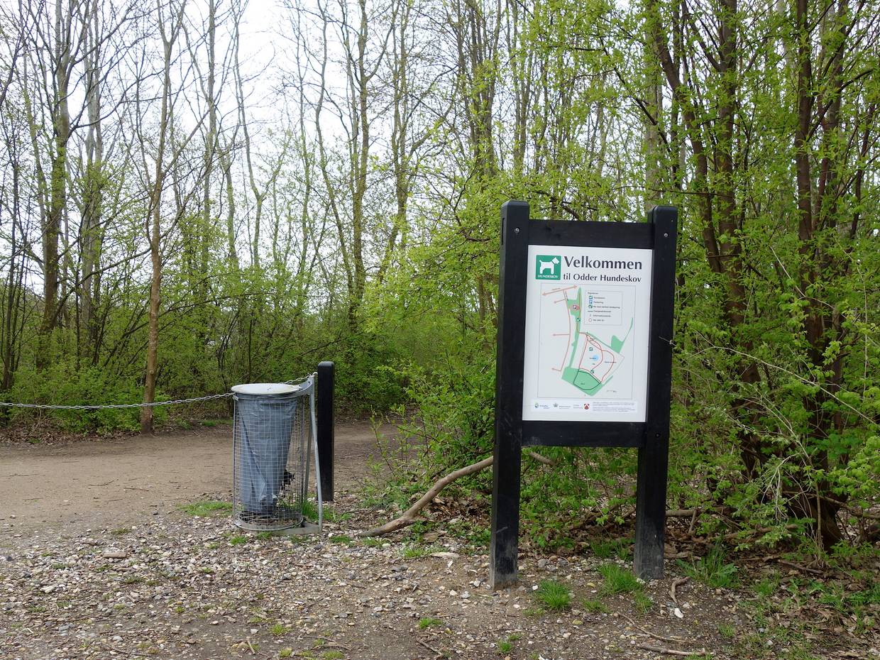 Waldweg, davor ein Hinweisschild zum Hundewald
