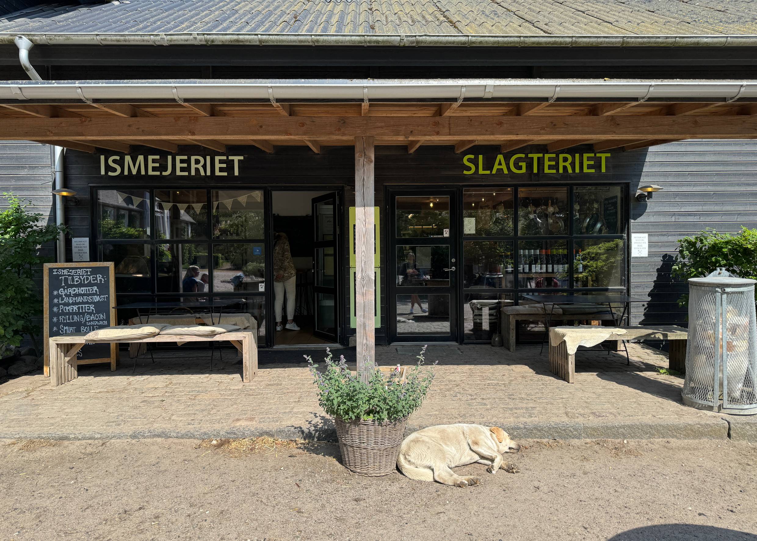 Blick auf zwei Eingänge zu einem Eisladen und einem Metzger