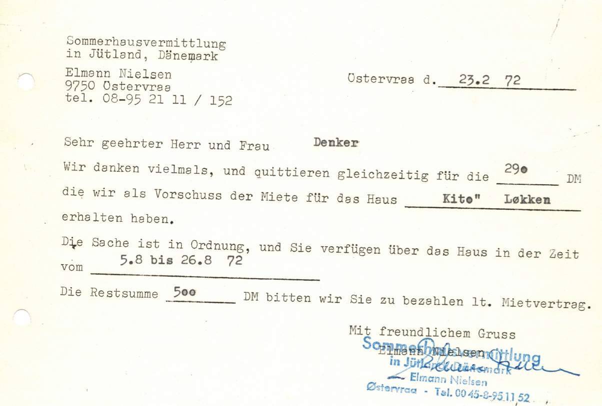 Anzahlungsquittung für Ferienhausvertrag