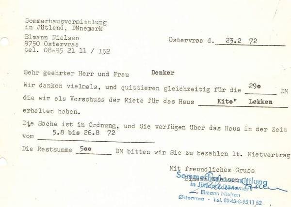 Anzahlungsquittung für Ferienhausvertrag