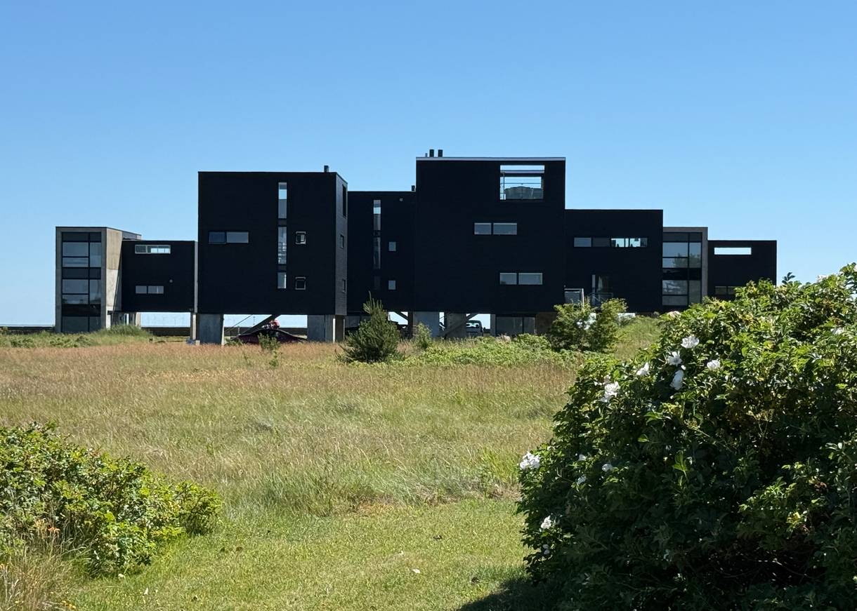 Klobige, schwarze Gebäude in Form von Kubusse mitten in grüner Natur