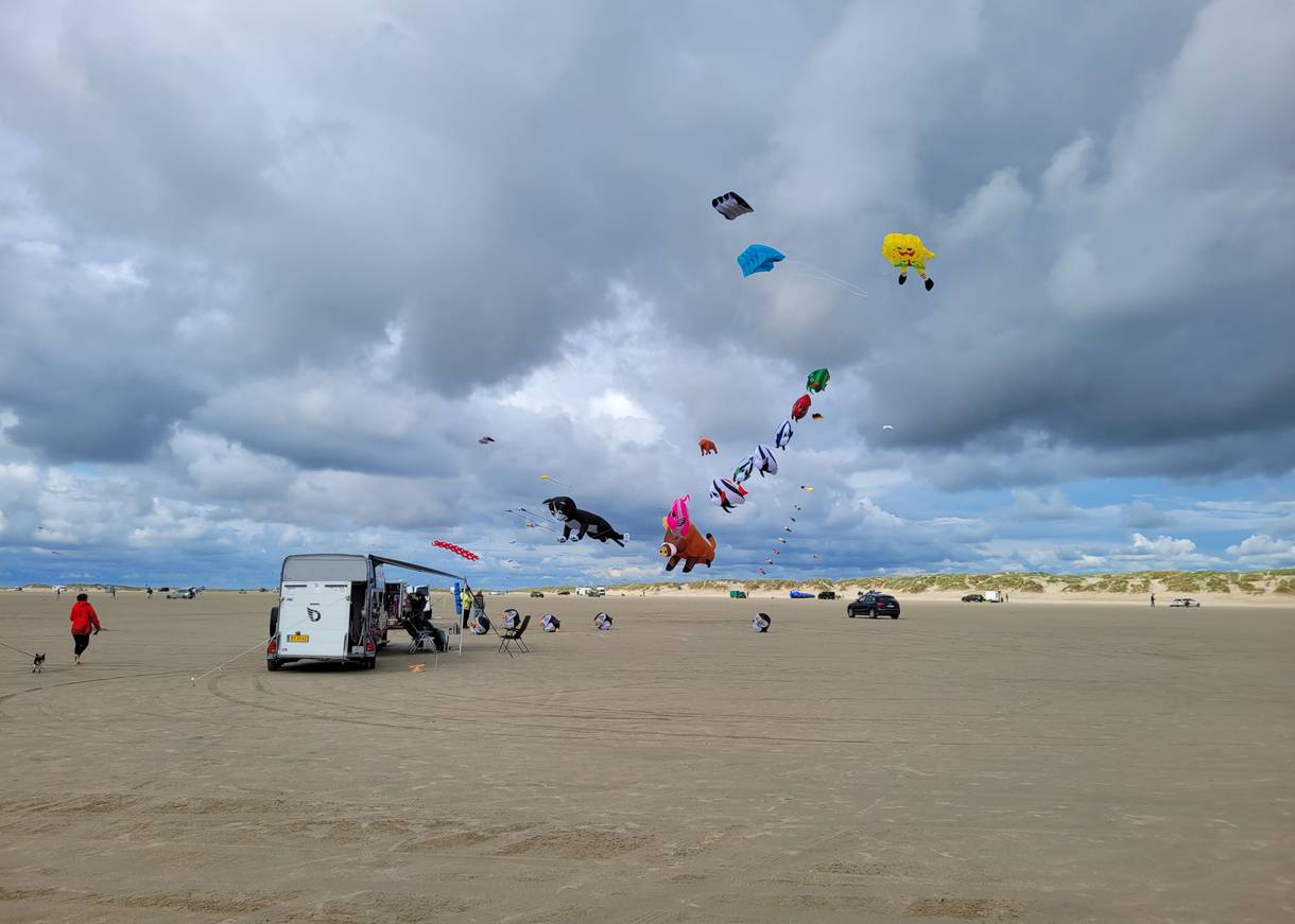 Große, bunte Drachen am Himmel über dem Strand