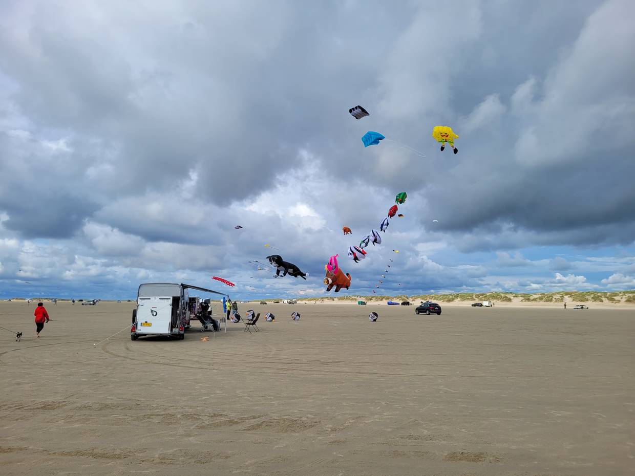 Große, bunte Drachen am Himmel über dem Strand