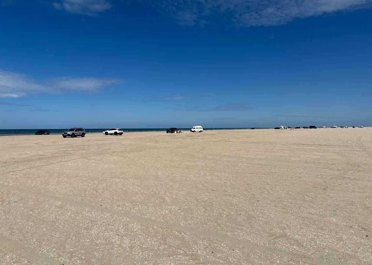 Blick auf zahllose Autos und Badegäste auf dem Strand