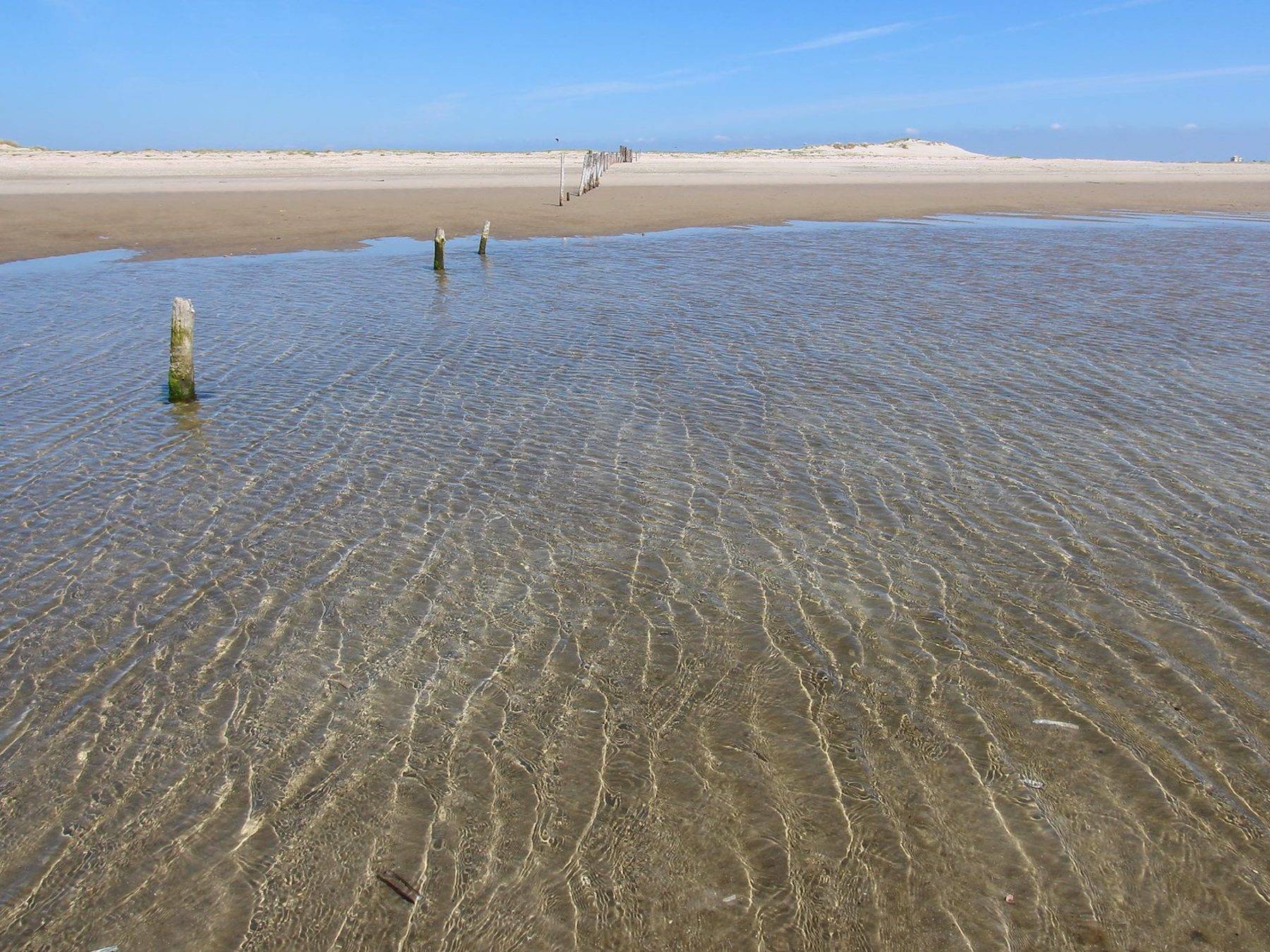 Wasser fließt über einen breiten Strand mit Markierungspfählen
