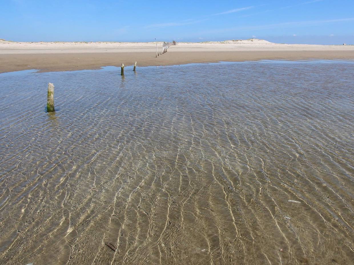 Sehr breiter Strand teilweise von Wasser bedeckt, im Hintergrund Dünen