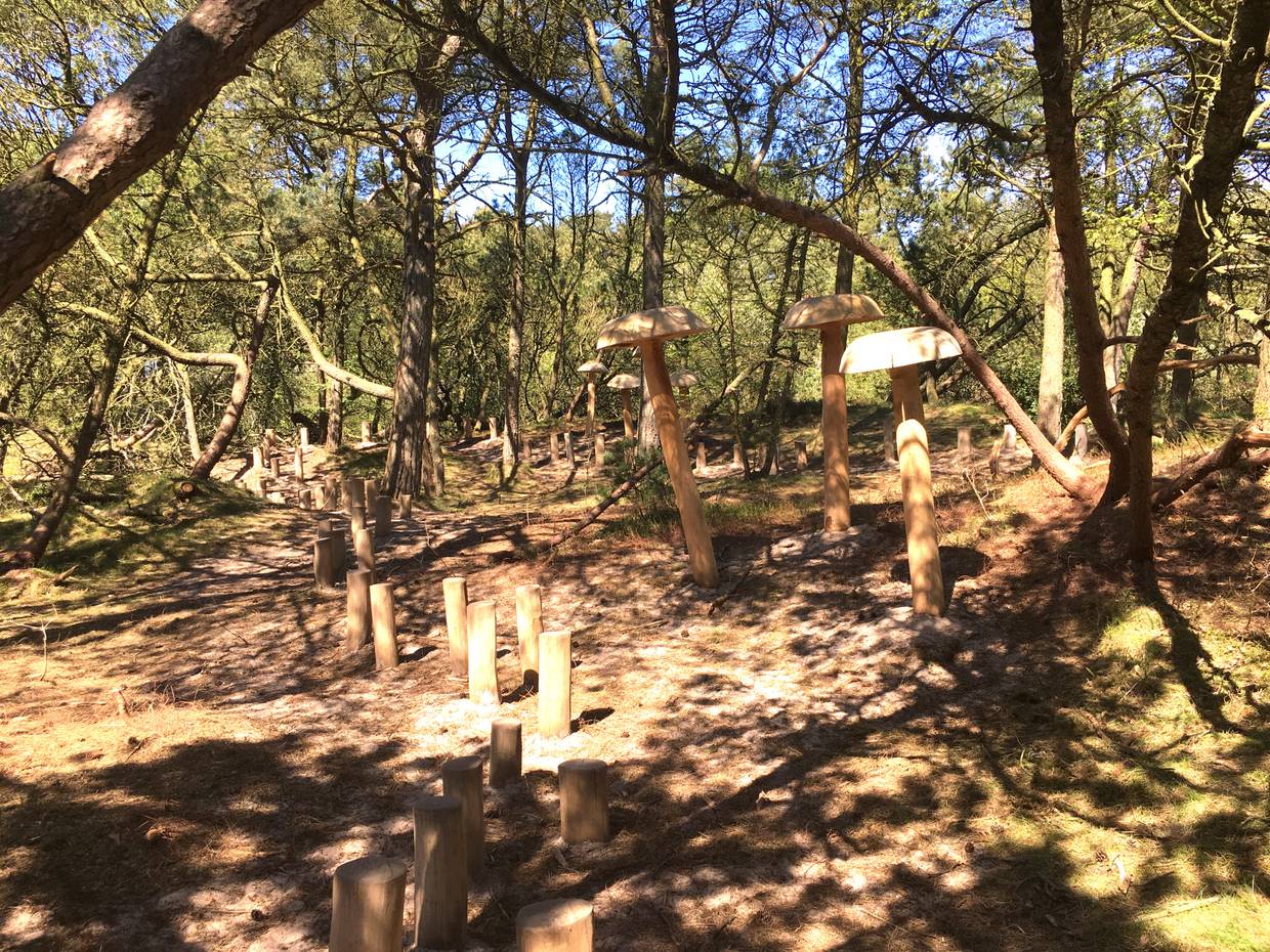 Holzfiguren in einem Kiefernwäldchen