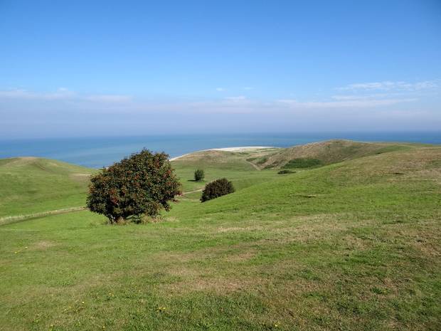 Blick über grüne Hügeln auf das blaue Meer