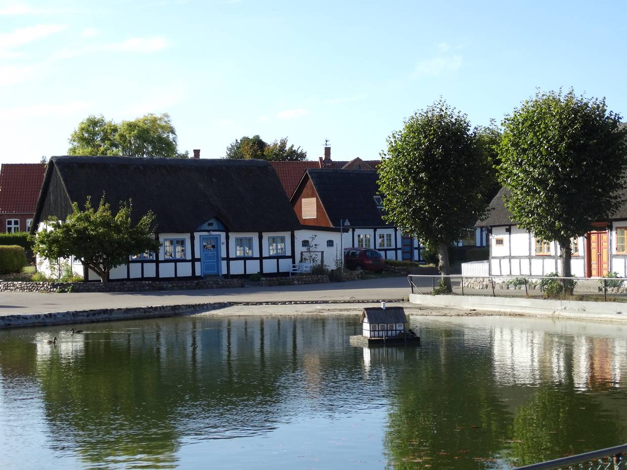 Dorfteich zwischen weißen Reetdachhäusern