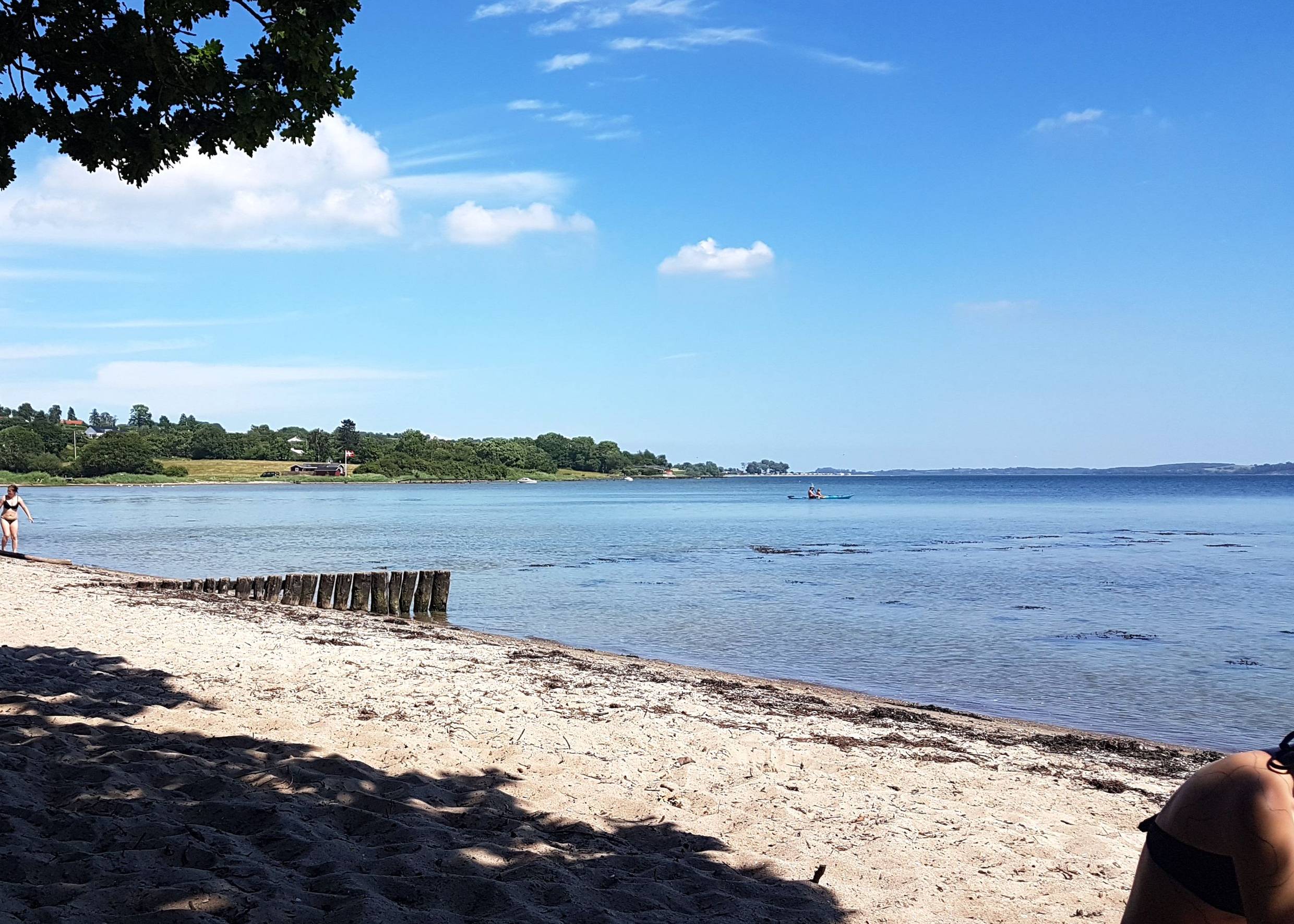 Sandstrand an einer Förde, auf dem Wasser ein Kajak