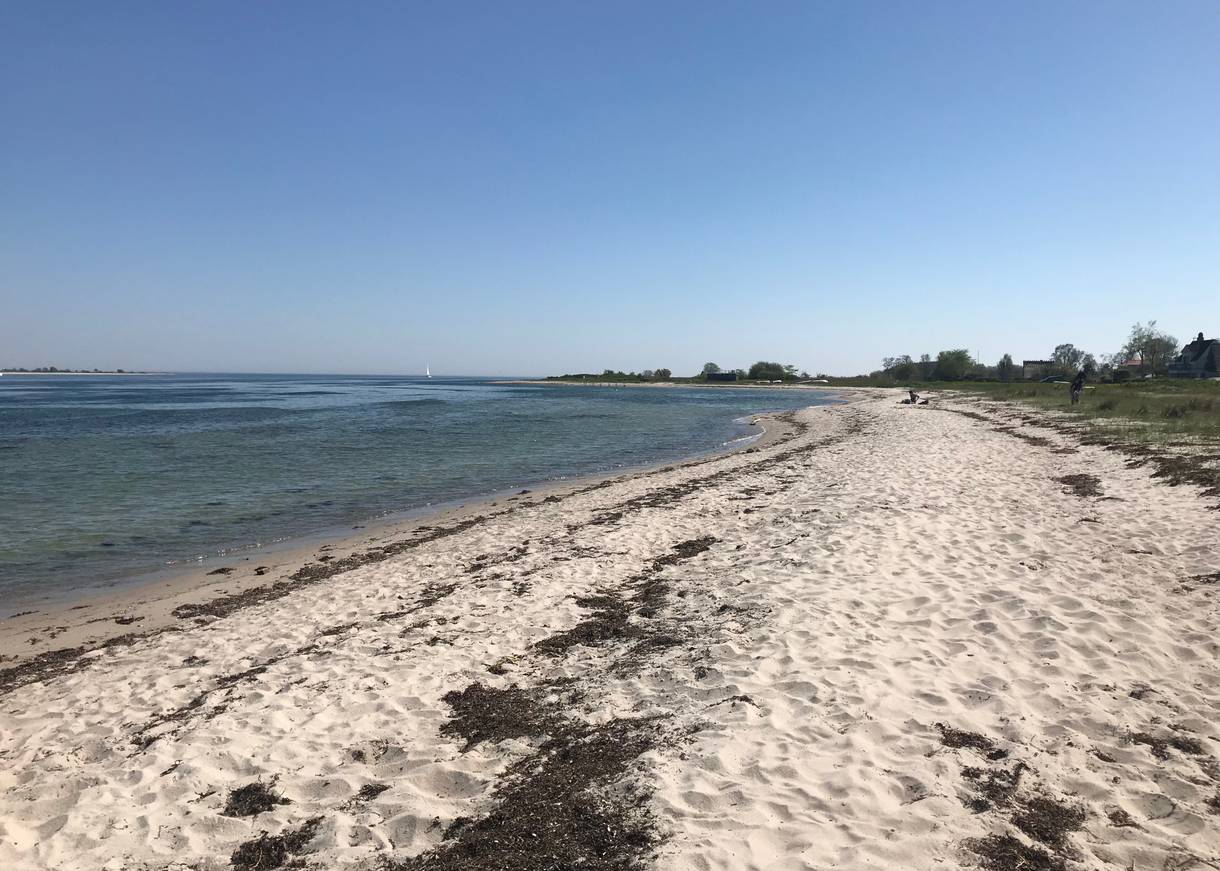 Sandstrand mit etwas Seegras und seichten Wellen